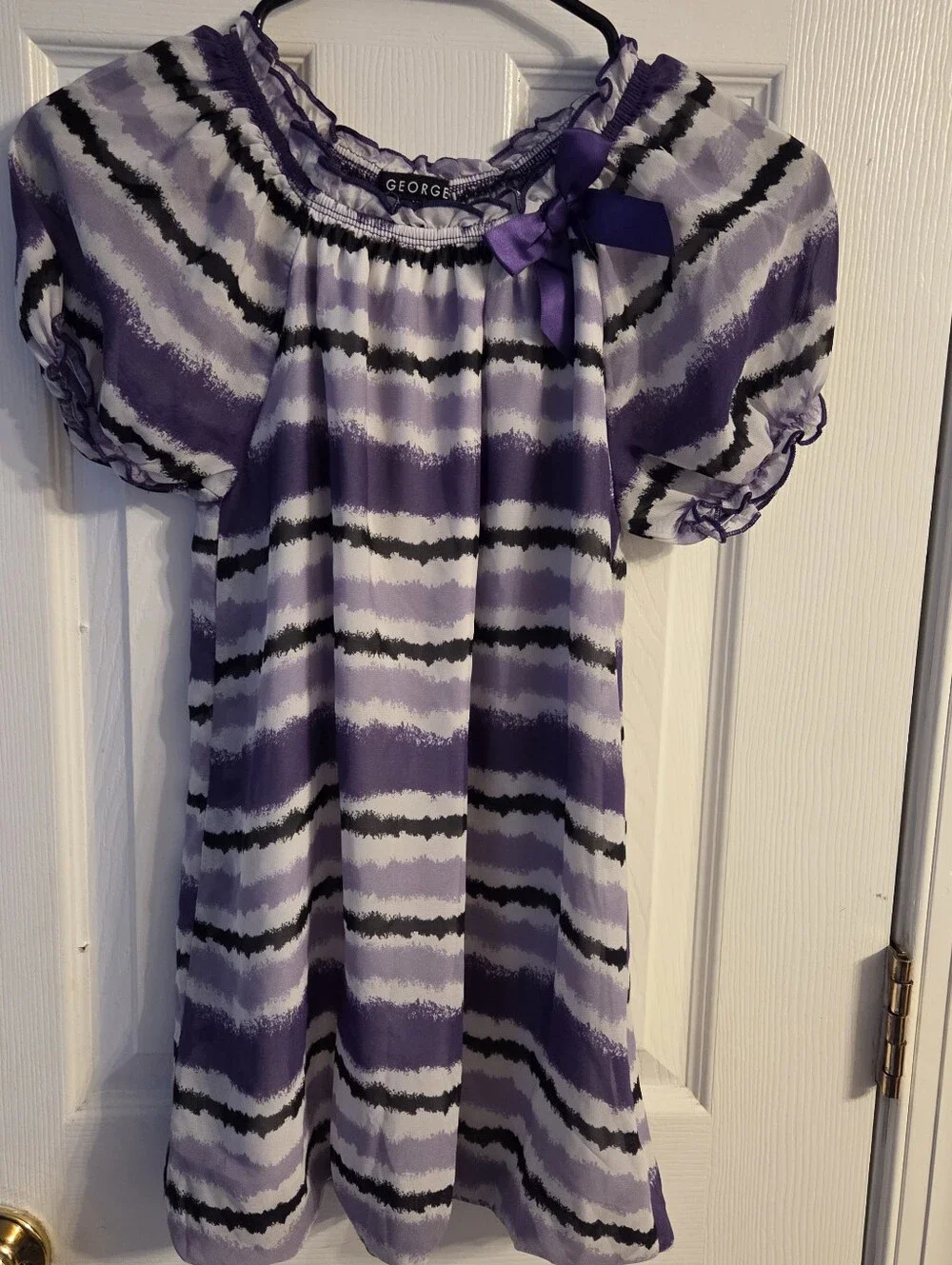 George Girls Large (10-12) Purple & White Stripe Chiffon Short Sleeve Top